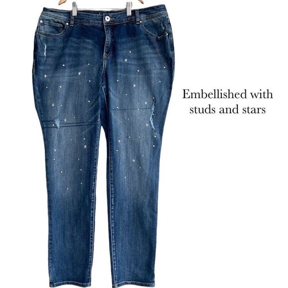 INC Denim Boyfriend Slim Tech Fit Jeans Women's Size 16 Embellished Studs - Picture 1 of 13
